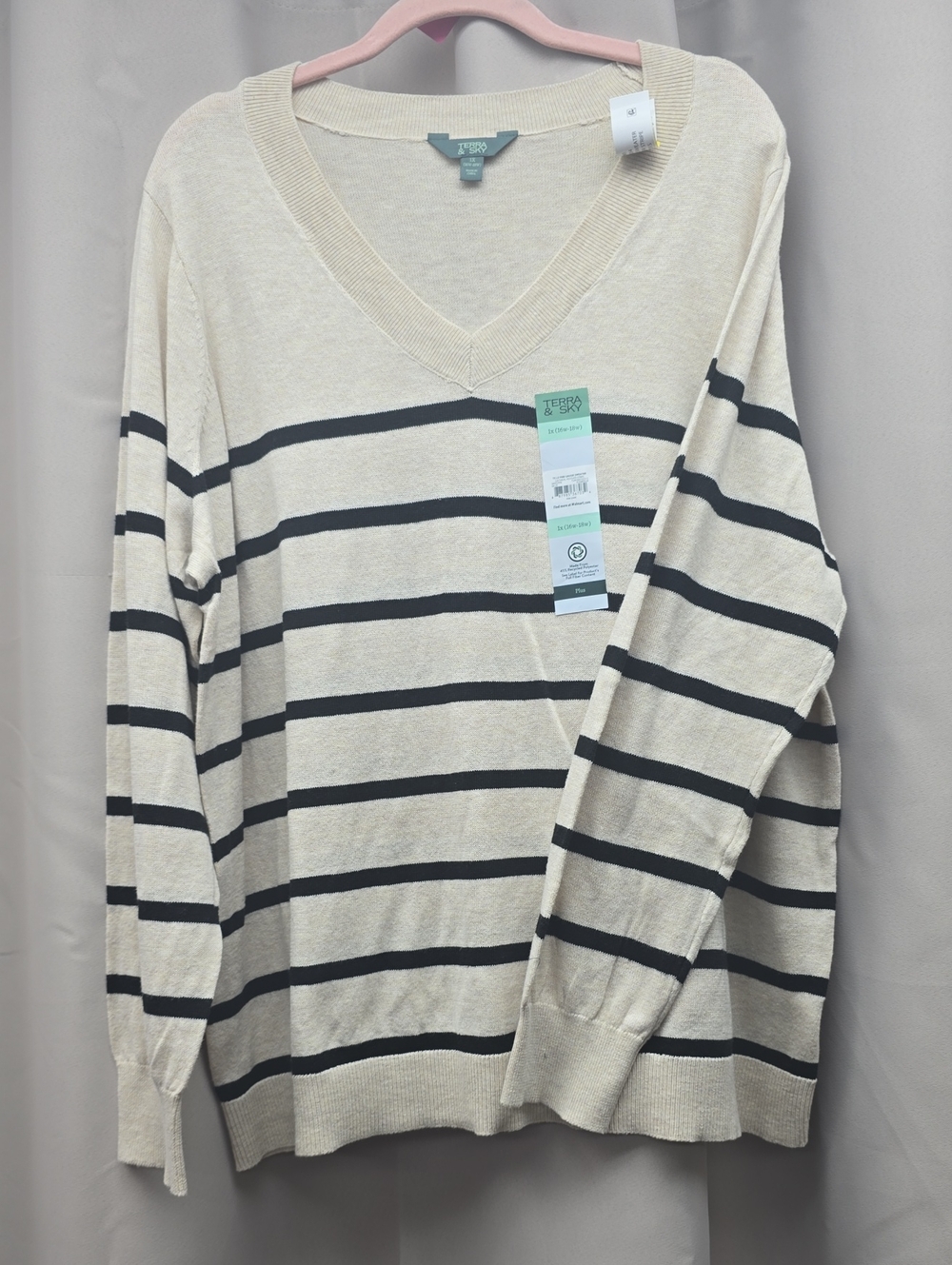 Terra & Sky Cream V-Neck Sweater with Black Stripes